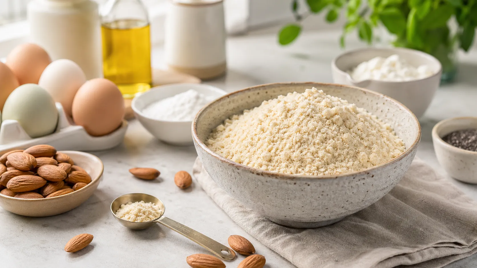 Illustration of almond flour in a bowl with whole almonds, eggs, a measuring spoon, and low-carb baking ingredients