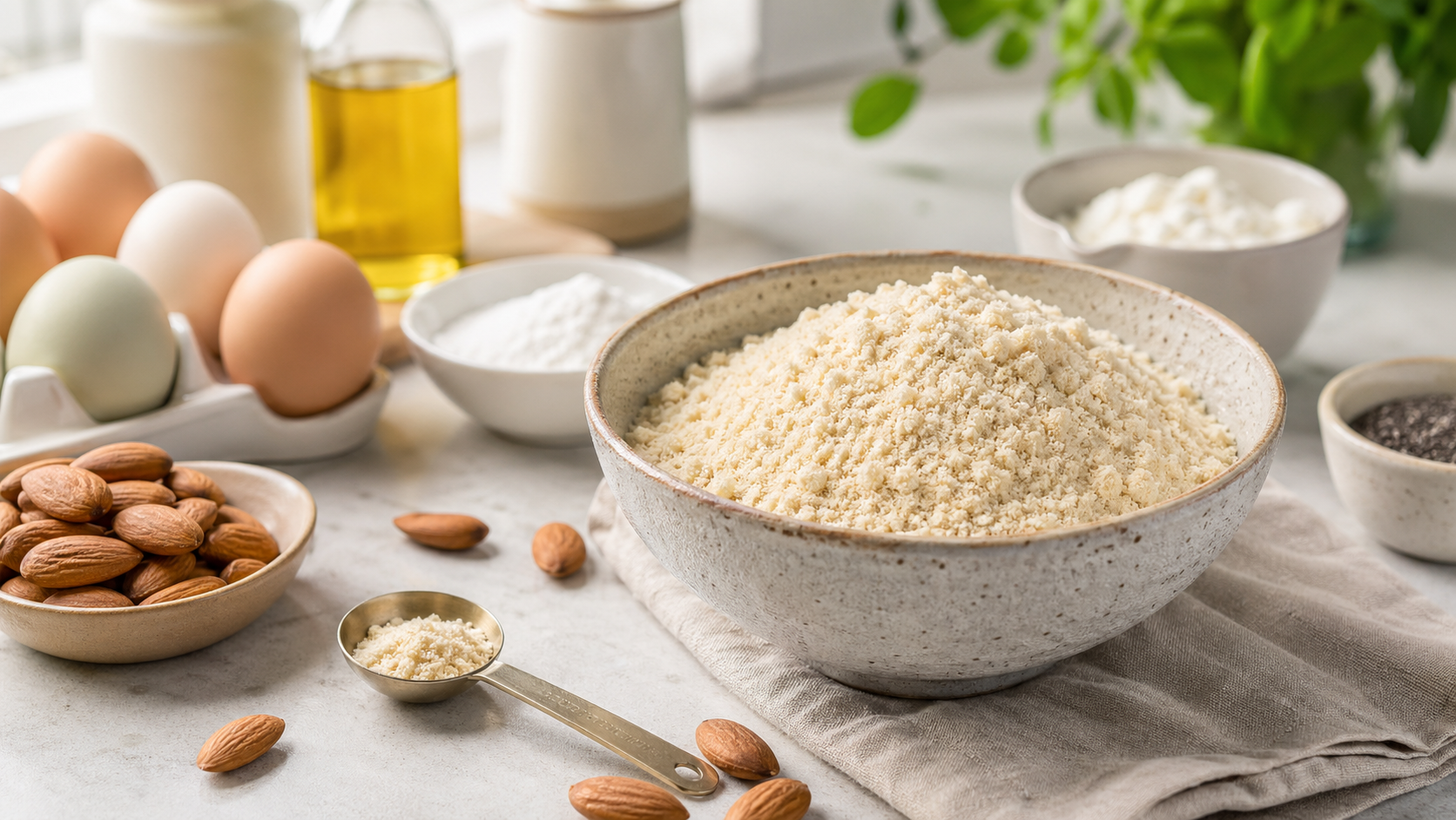 Illustration of almond flour in a bowl with whole almonds, eggs, a measuring spoon, and low-carb baking ingredients