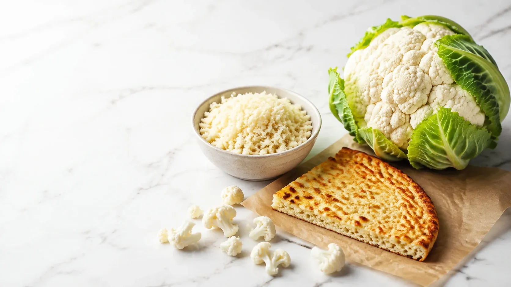 Keto food: a fresh cauliflower head next to a bowl of cauliflower rice and a slice of cauliflower pizza crust