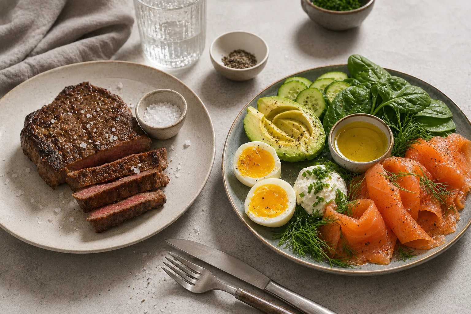 Two plates comparing a carnivore-style steak meal with a keto plate of avocado, greens, and healthy fats