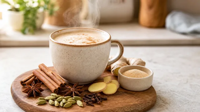 Keto food: chai latte in a cup with spices