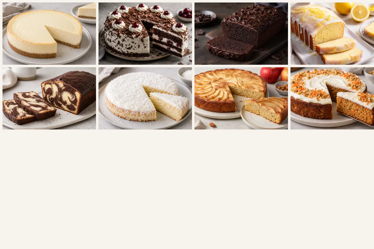 Overview of ten different keto cakes arranged on a coffee table