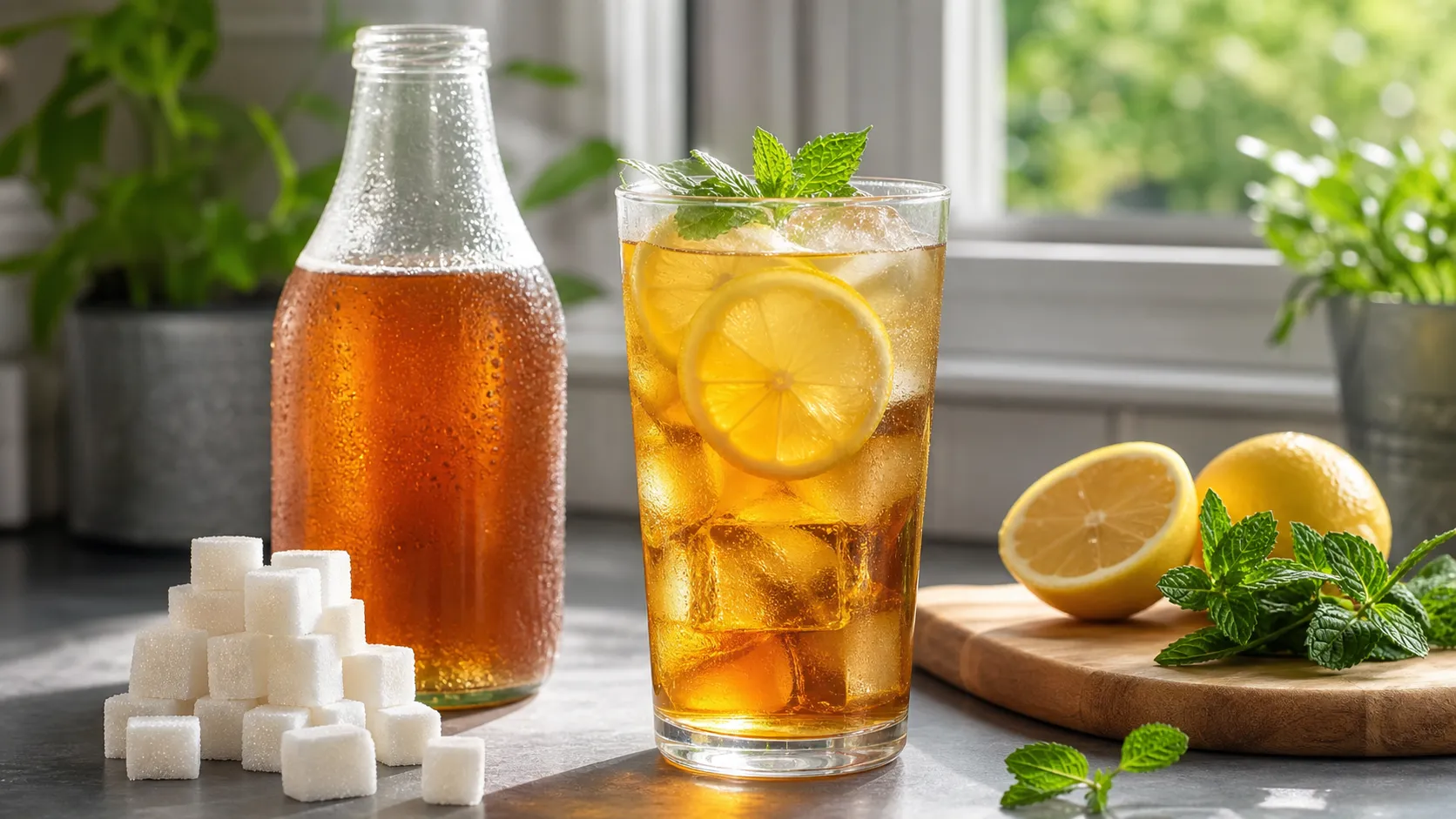 Keto food: bottled iced tea next to a sugar-cube comparison