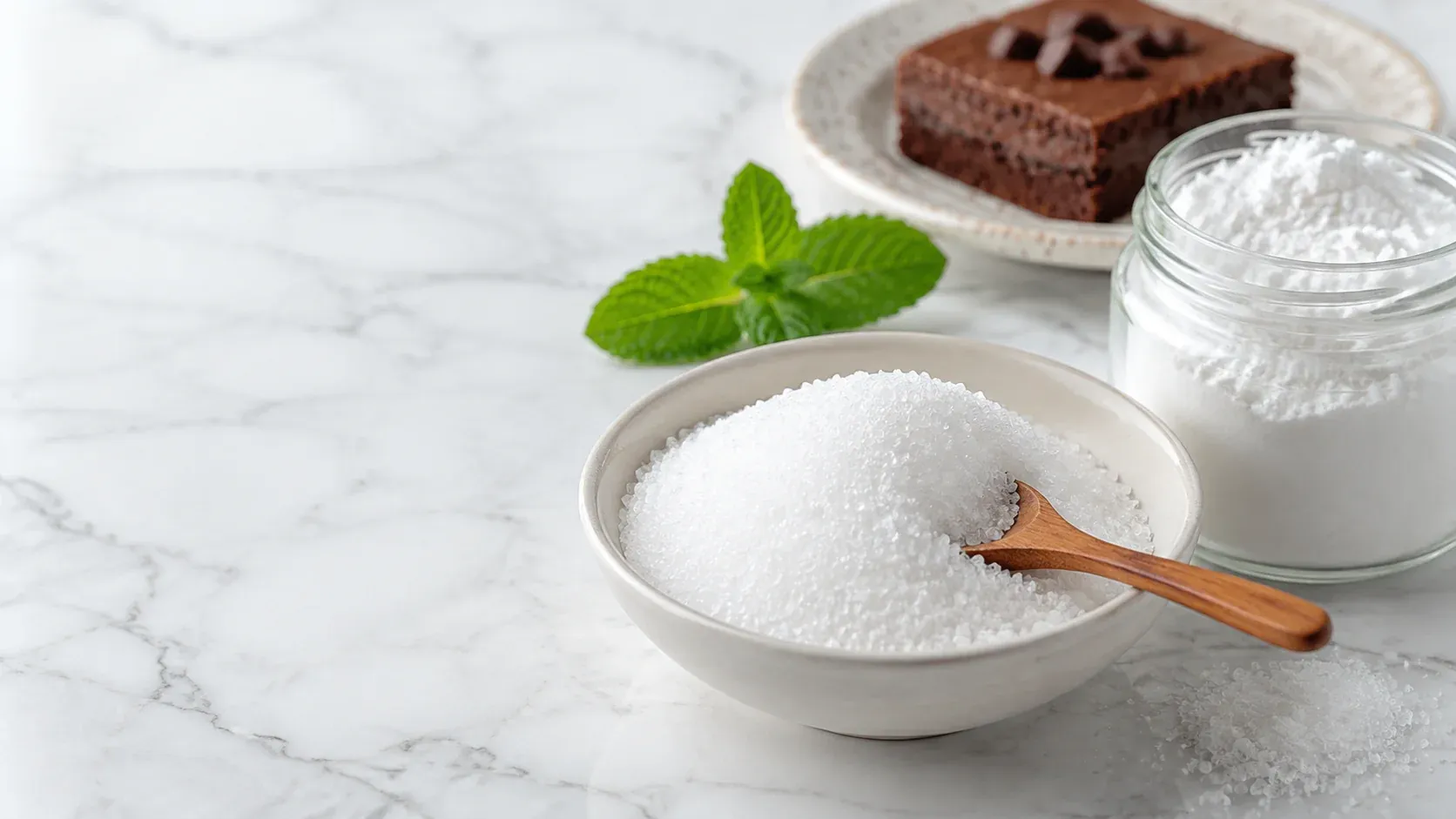 Keto food: erythritol crystals in a bowl with a wooden spoon next to a jar of powdered erythritol