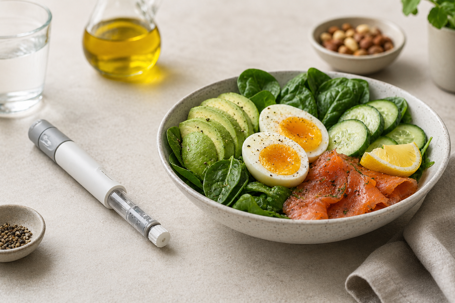 Medication injector pen beside a keto plate with avocado, greens, tomatoes, and healthy fats