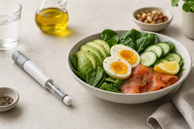 Medication injector pen beside a keto plate with avocado, greens, tomatoes, and healthy fats