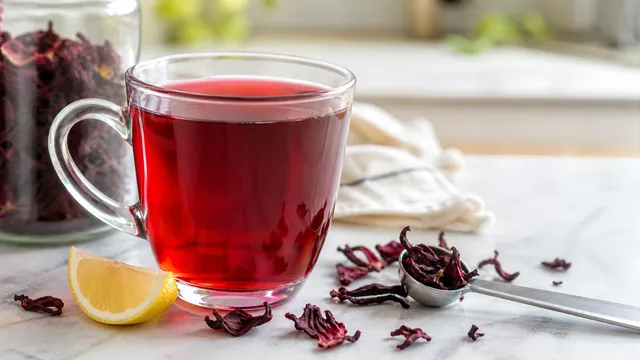 Keto food: hibiscus tea in a glass with dried flowers