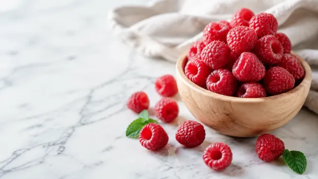 Keto food: fresh raspberries in a wooden bowl with single berries and mint leaves beside it