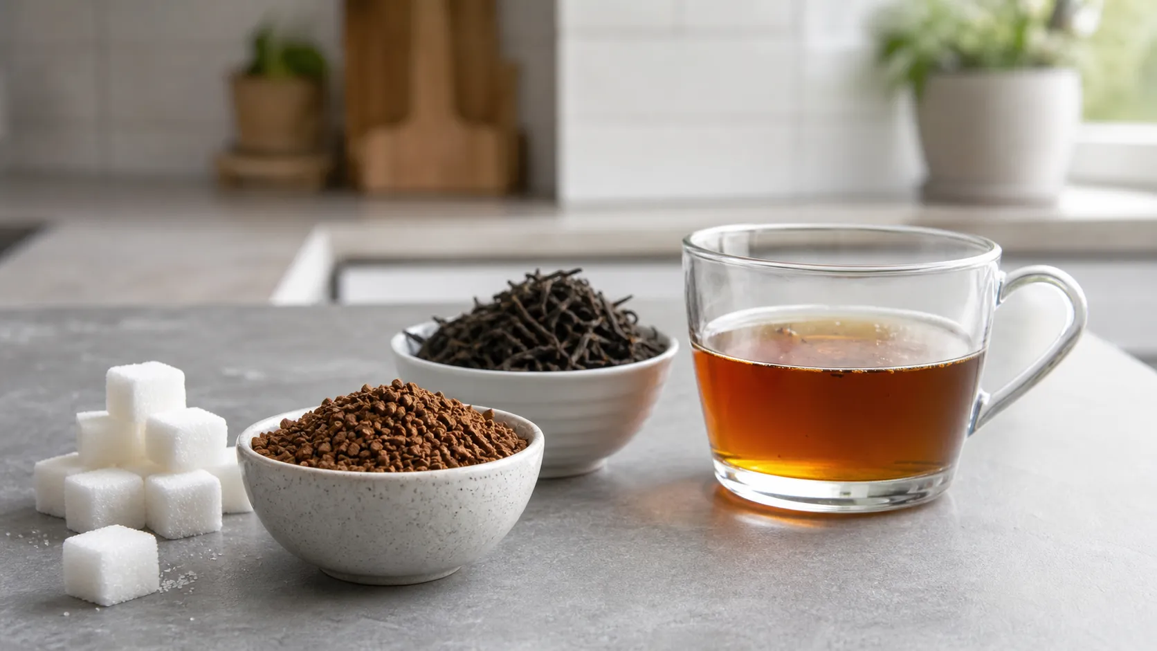 Keto food: instant tea granules next to real tea