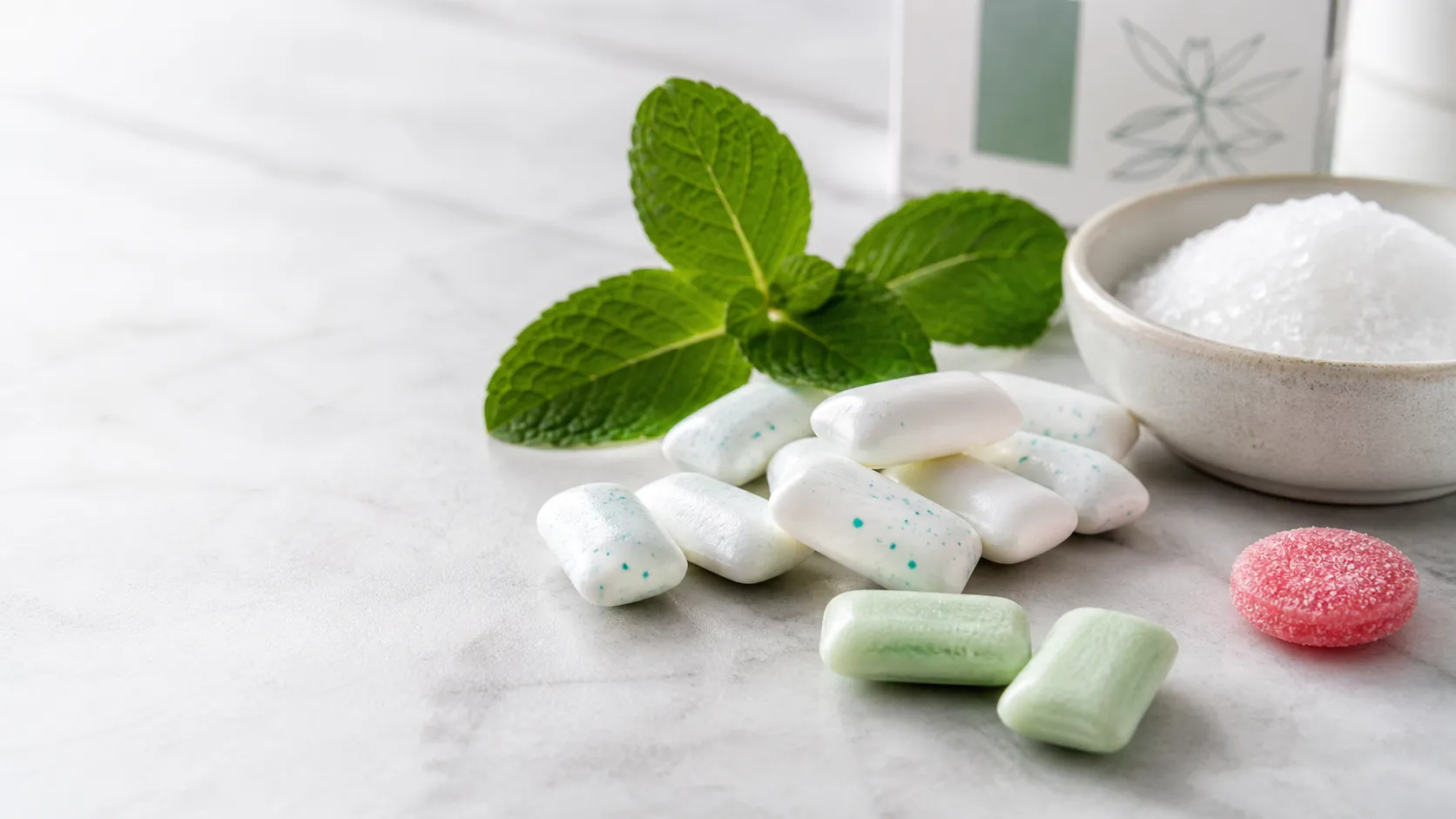 Various chewing gums - keto-friendly xylitol types next to sugar-containing varieties