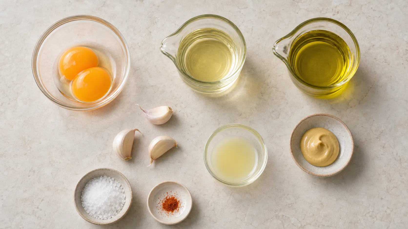 Ingredients for keto aioli: egg yolk, canola oil, olive oil, garlic, lemon and Dijon mustard