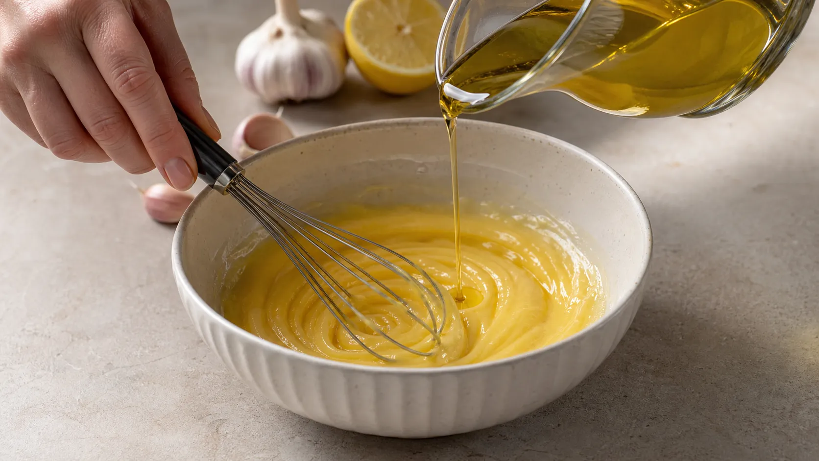 Oil being poured in a thin stream into whisked egg yolk
