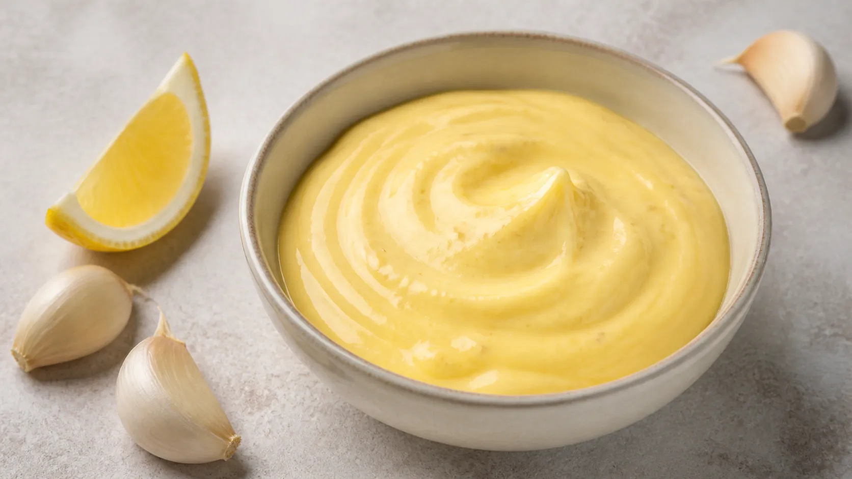 Creamy keto aioli in a small bowl with garlic cloves beside it