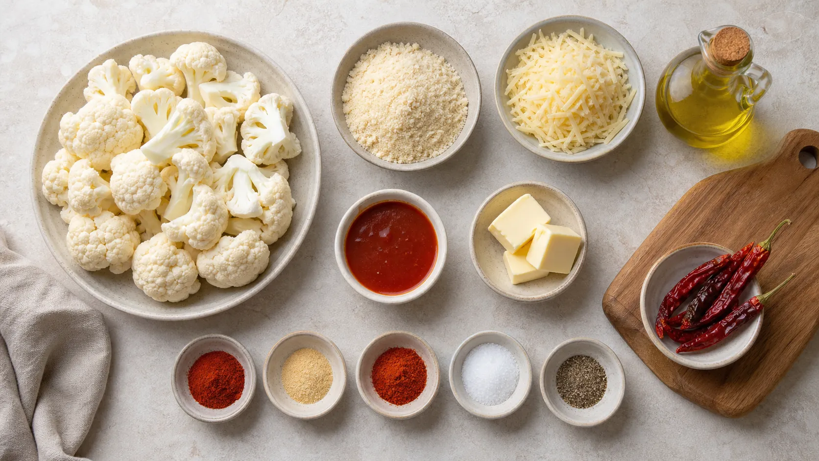 Ingredients for keto cauliflower wings: cauliflower florets, almond flour, parmesan, olive oil and seasonings