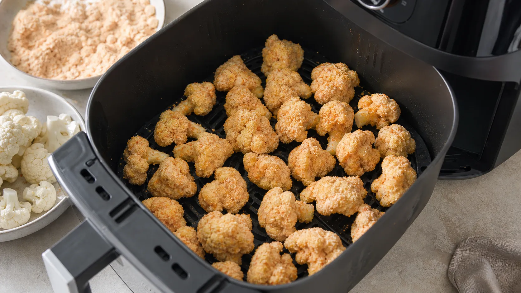 Breaded cauliflower florets lying in a single layer in the air fryer basket