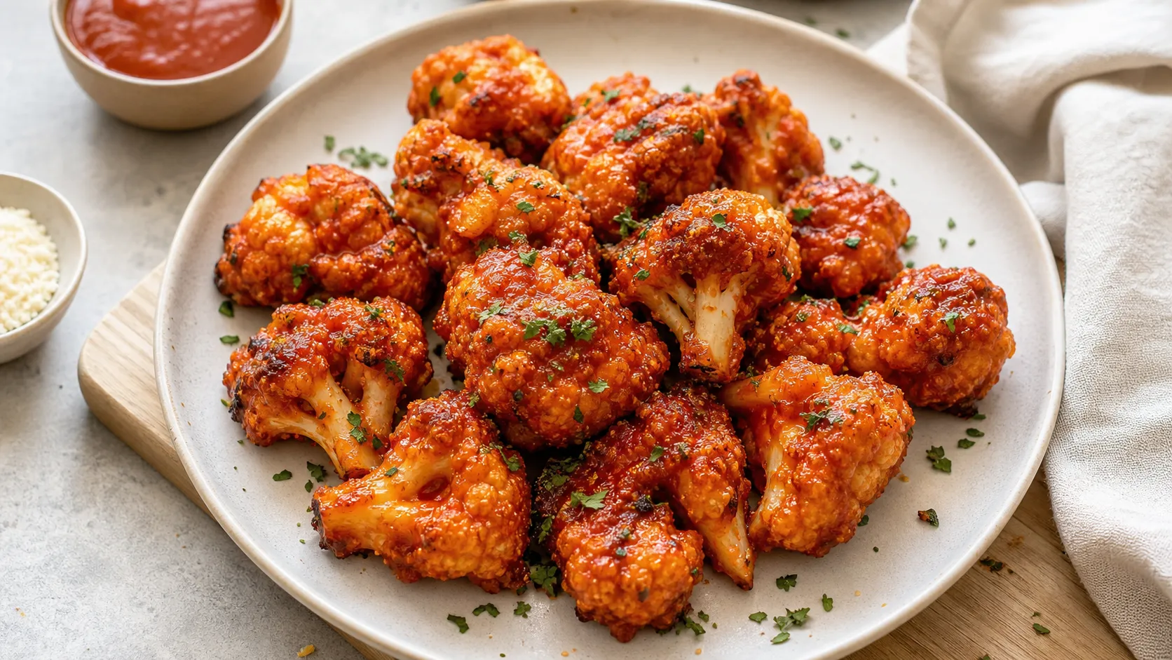 Spicy keto cauliflower wings with a red glaze on a plate