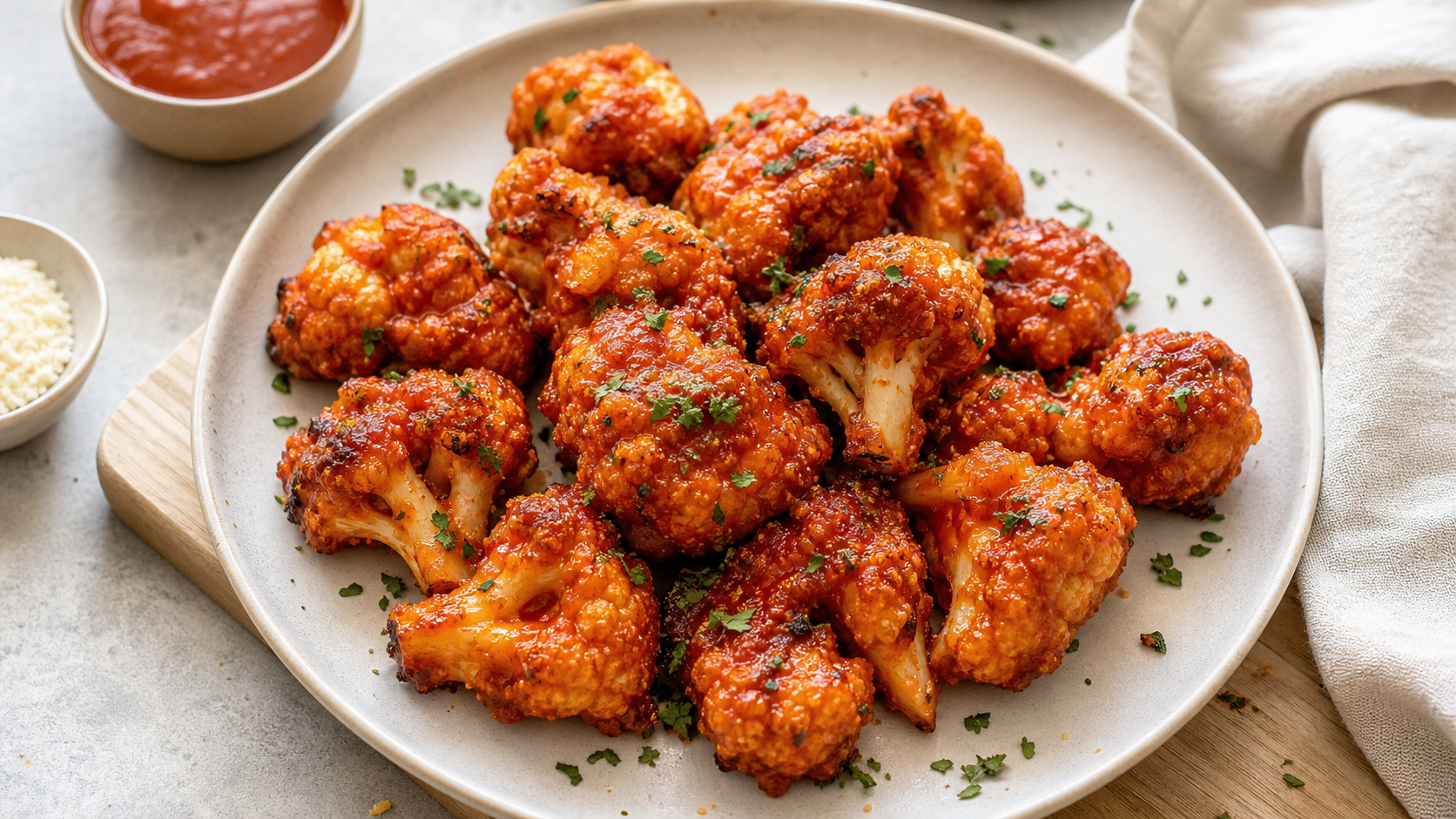 Spicy keto cauliflower wings with a red glaze on a plate