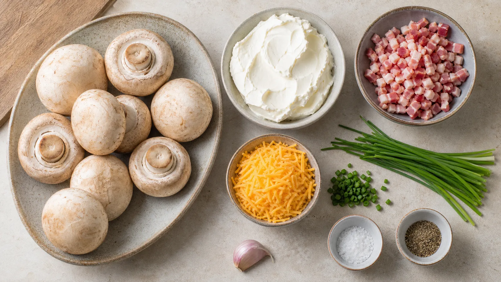 Ingredients for keto stuffed mushrooms: large mushrooms, cream cheese, diced bacon, cheddar and chives