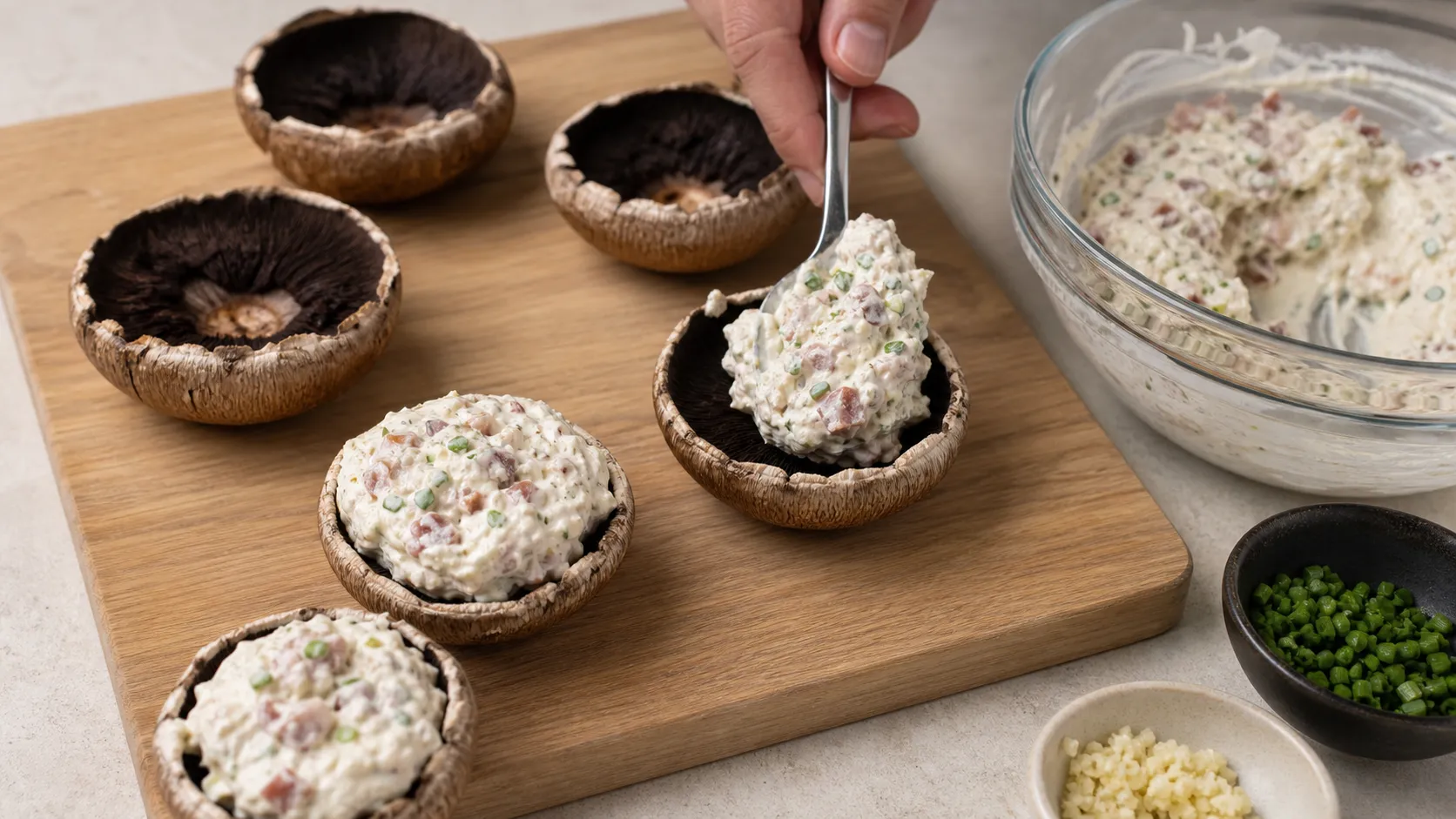 Mushroom caps being filled with a cream cheese mixture