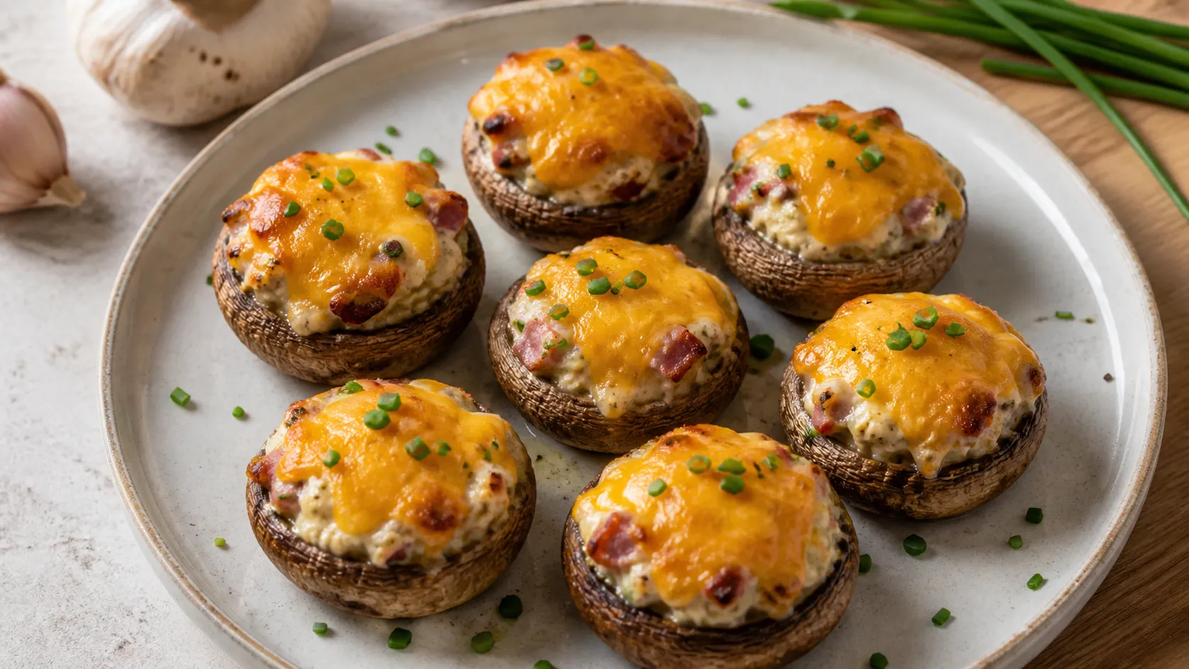 Keto stuffed mushrooms with cream cheese, bacon and melted cheddar