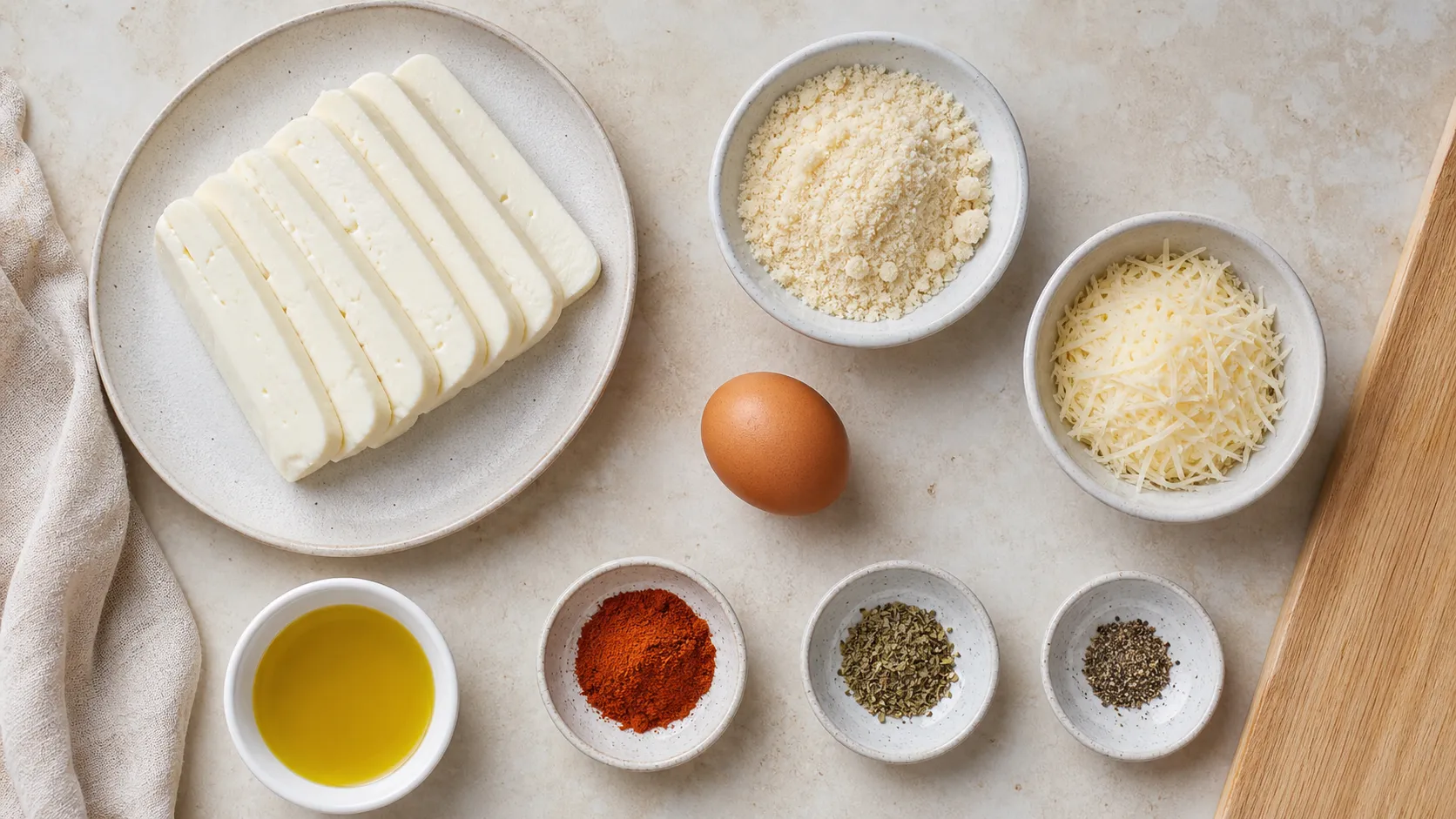 Ingredients for keto halloumi sticks: halloumi, almond flour, parmesan, egg and seasonings