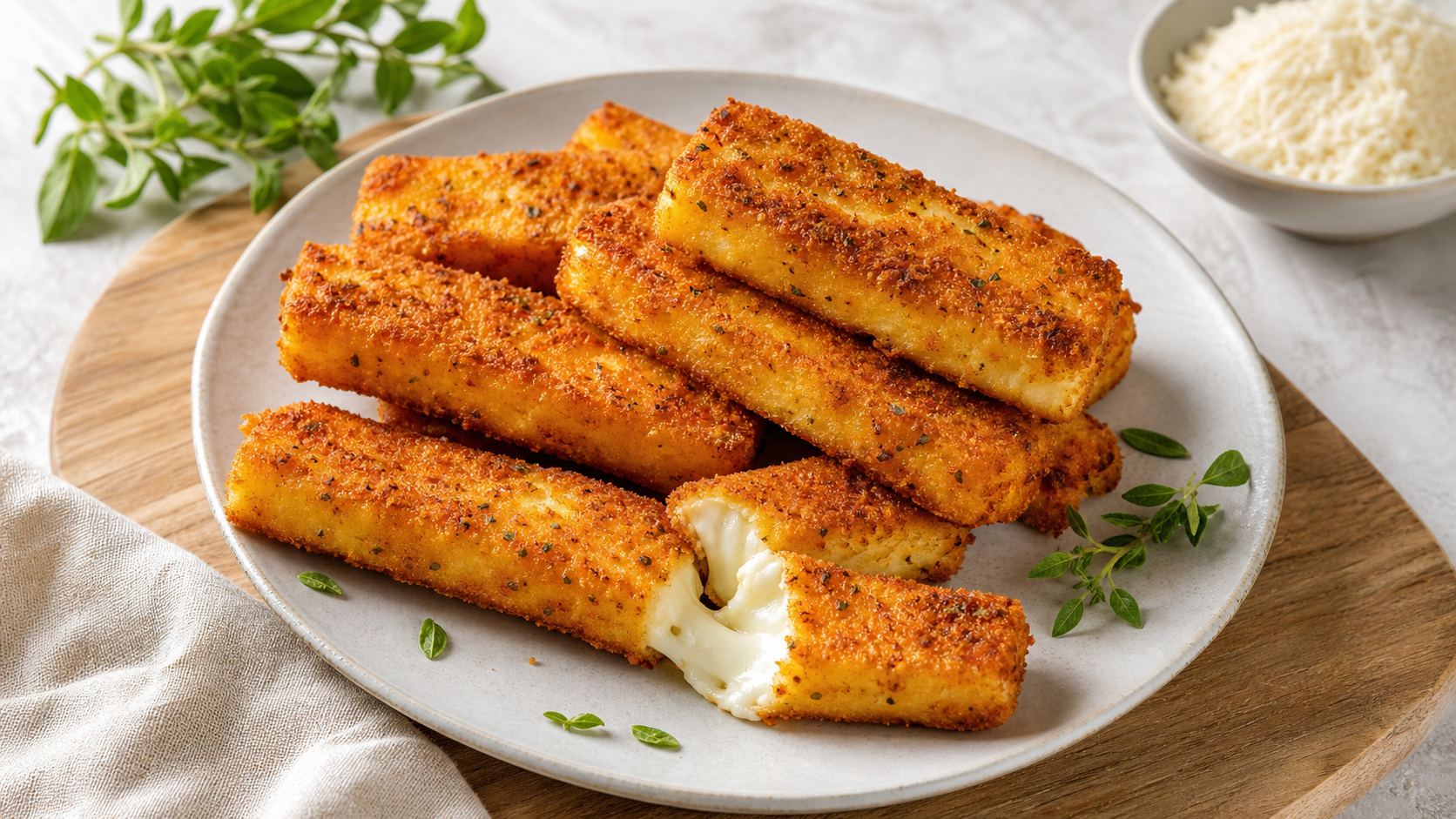 Golden brown keto halloumi sticks from the air fryer on a plate
