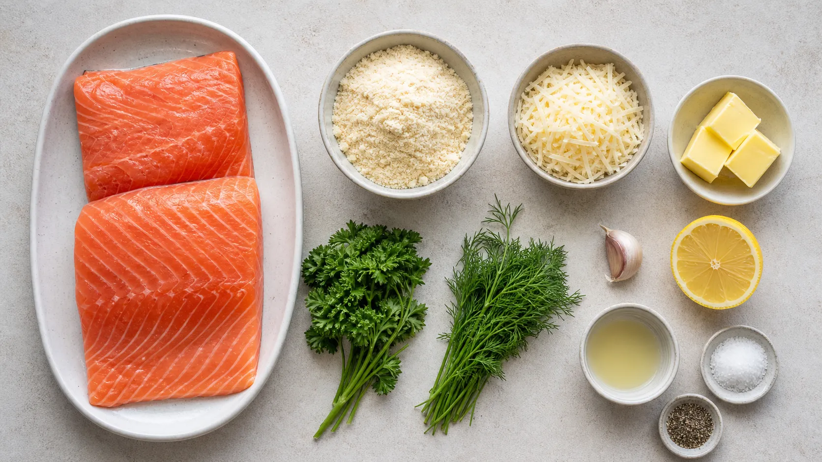 Ingredients for keto salmon with an herb crust: salmon fillets, almond flour, parmesan, butter, parsley and dill