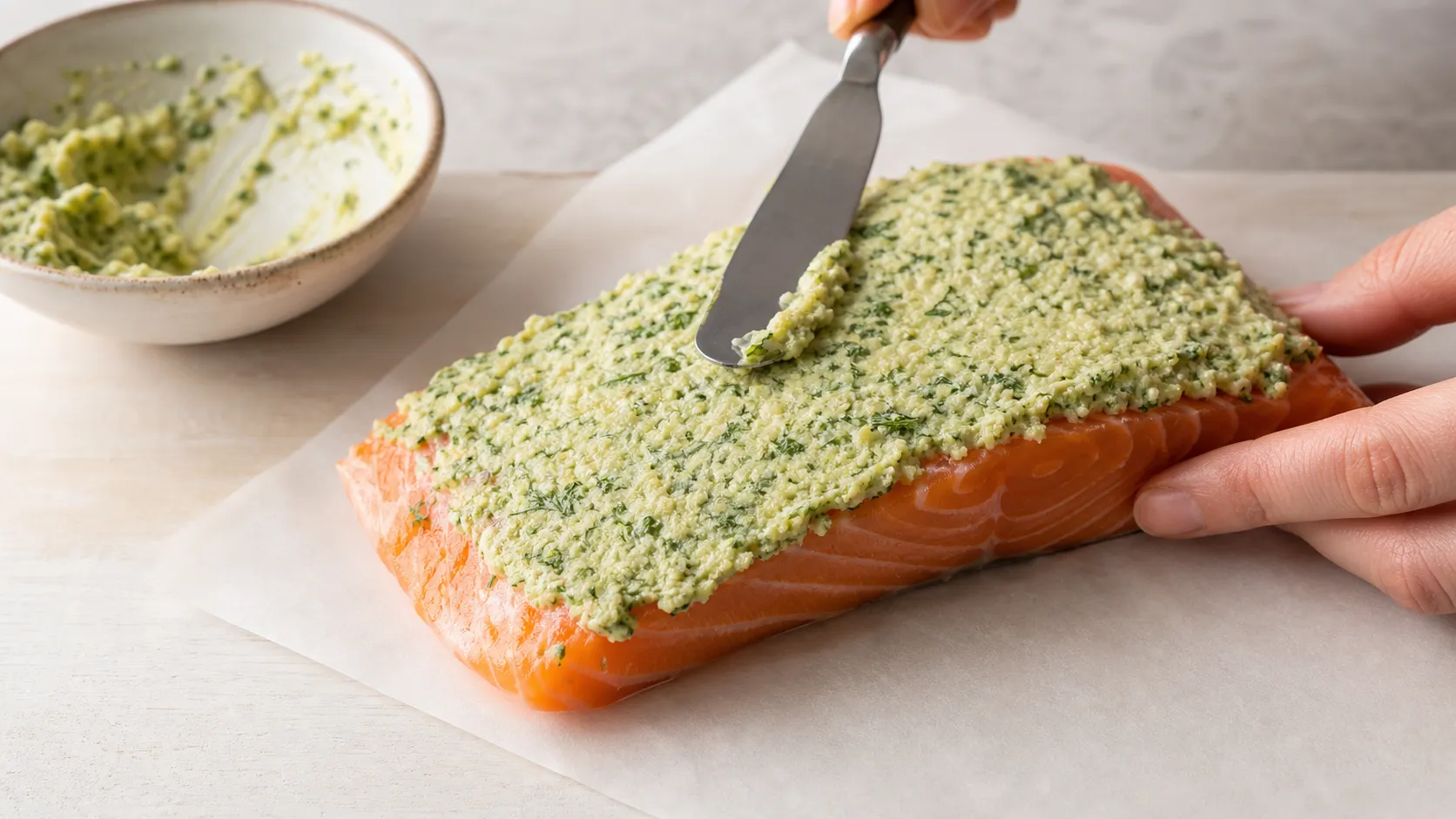 Herb crust being spread onto a raw salmon fillet