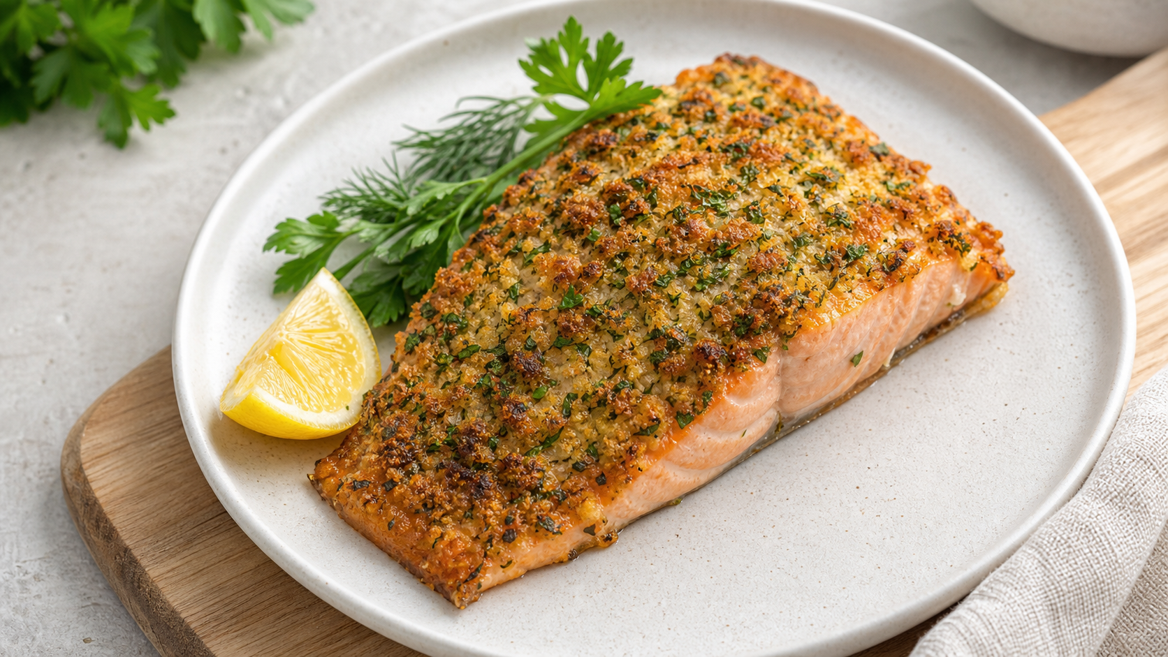 Keto salmon fillet with a golden brown herb crust from the air fryer
