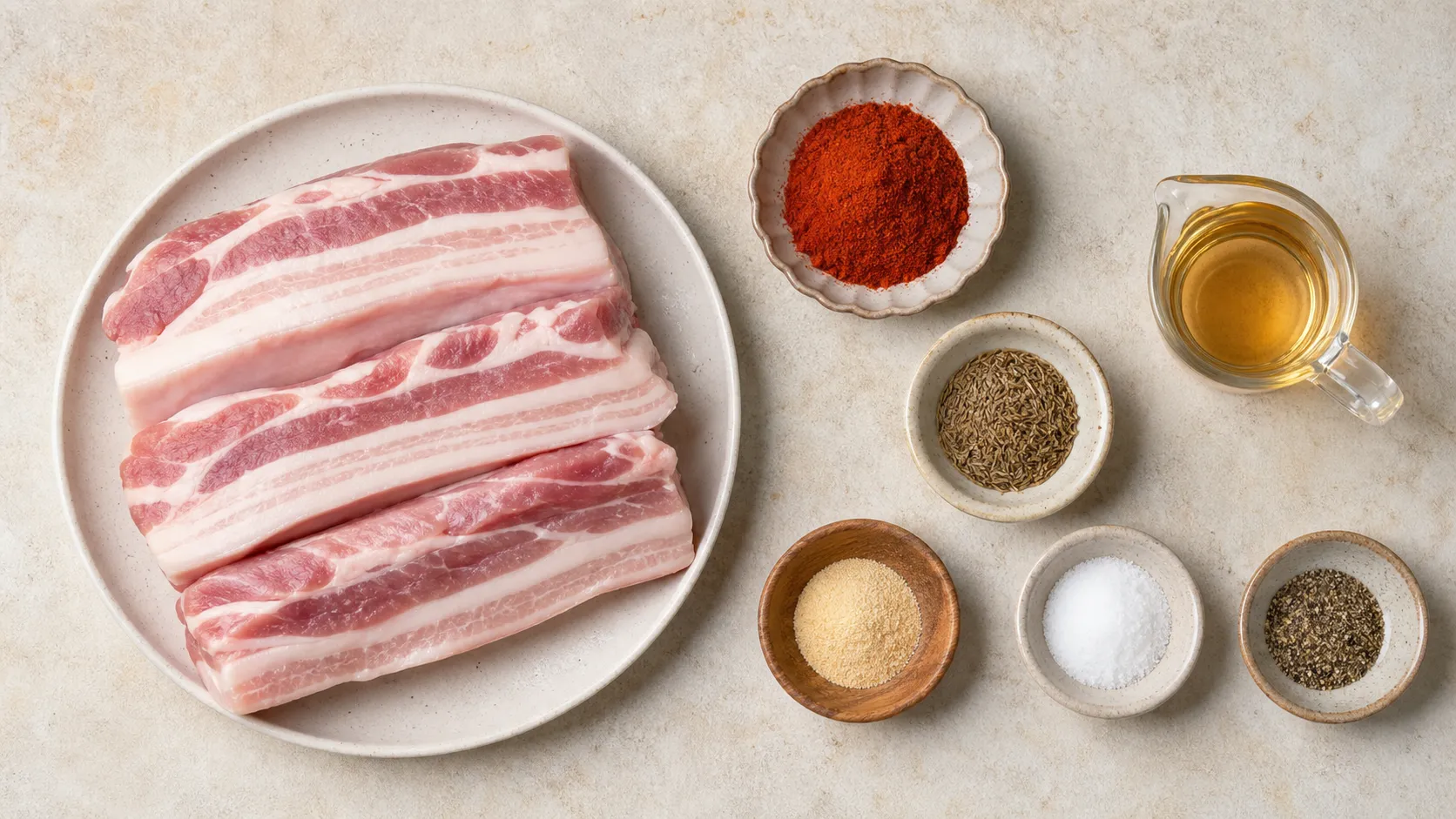 Ingredients for keto pork belly bites: raw pork belly, smoked paprika powder, cumin and cider vinegar