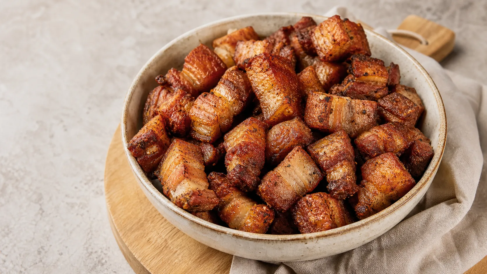 Crispy keto pork belly bites from the air fryer in a bowl