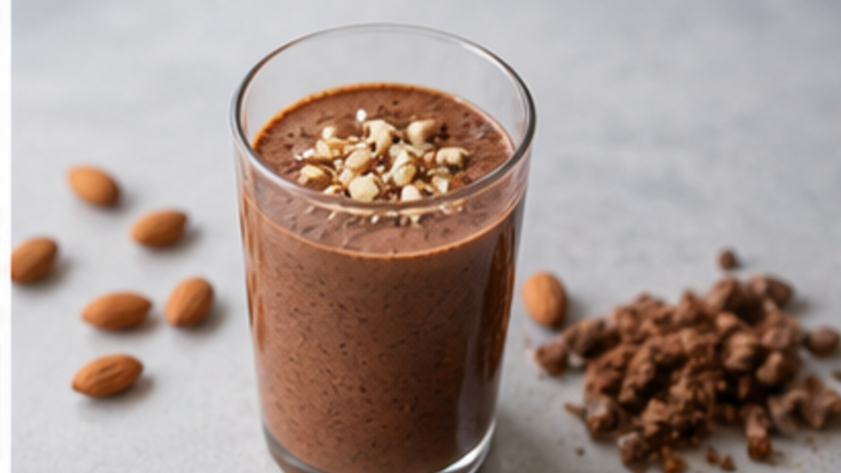 Keto almond butter cocoa smoothie in a glass topped with chopped almonds and cocoa powder