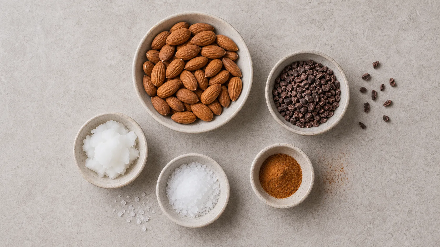 Ingredients for keto almond cacao nib mix: raw almonds, cacao nibs, sea salt flakes, and coconut oil