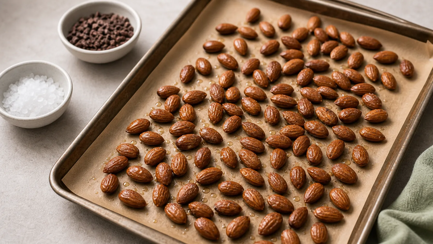 Almonds roasting in the oven, then mixed with cacao nibs and sea salt flakes