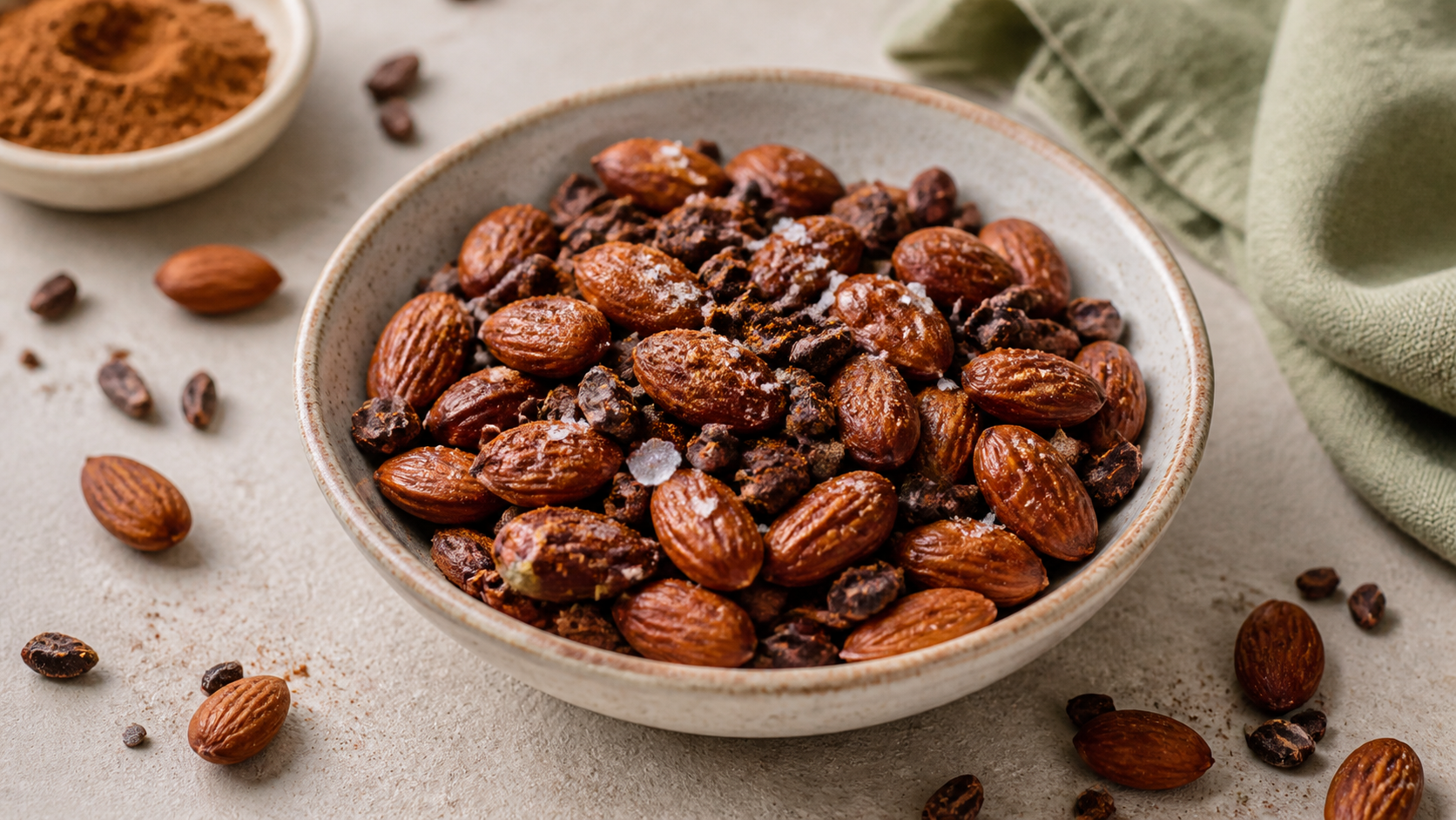 Keto almond cacao nib snack mix in a small bowl with whole almonds, cacao nibs, and sea salt flakes