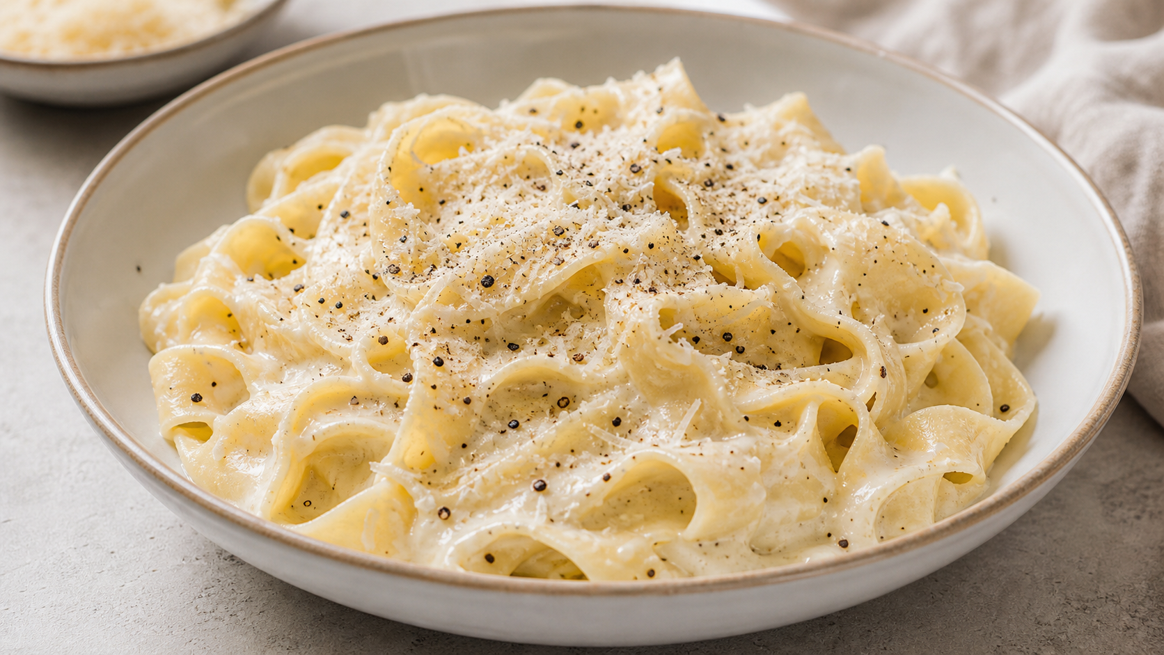 Keto almond flour pasta Alfredo in a deep plate: homemade wide noodles made from almond flour in a creamy butter-Parmesan sauce