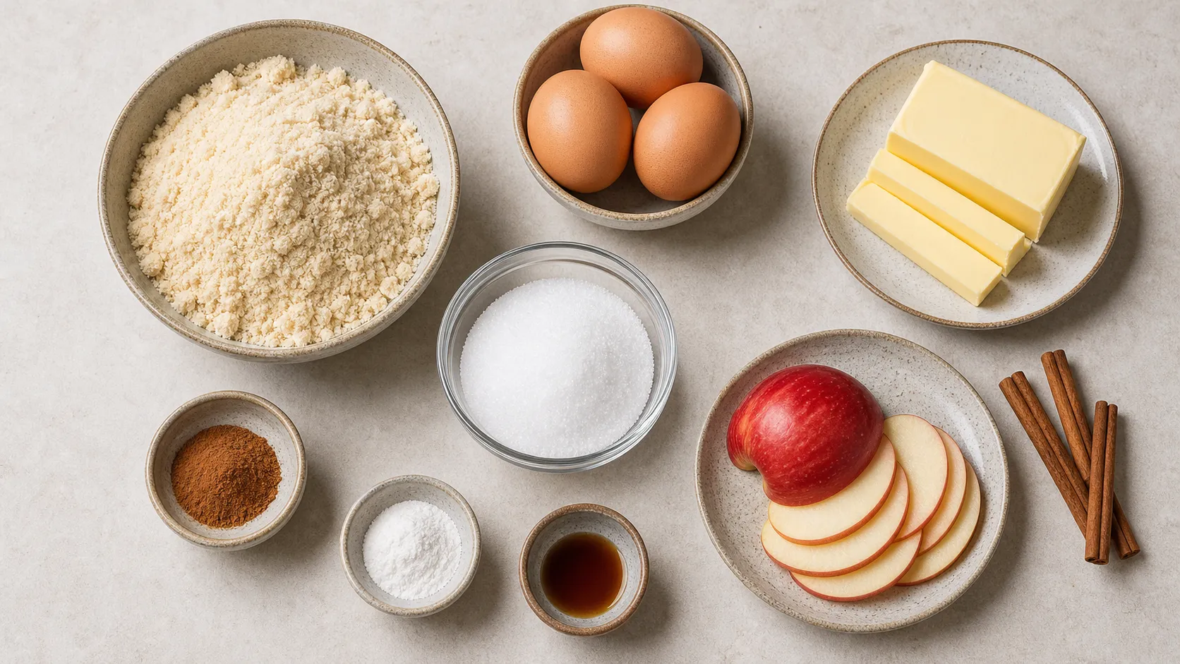 Ingredients for keto apple cinnamon cake with almond flour, eggs, one apple and cinnamon