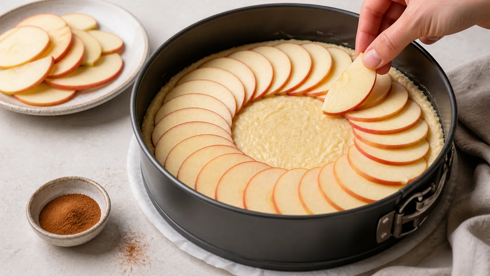 Apple slices arranged in a pattern on the batter in a springform pan