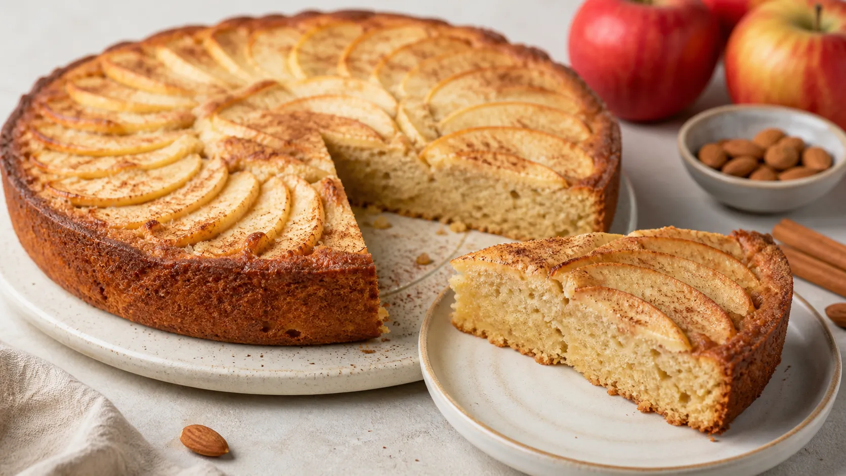 Keto apple cinnamon cake made with almond flour, sliced with apple slices and cinnamon on top