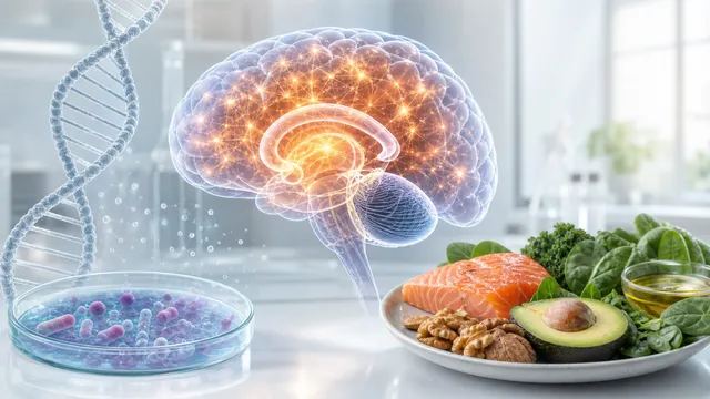 Brain scan image showing energy activity alongside a plate of keto-friendly foods including nuts and leafy greens