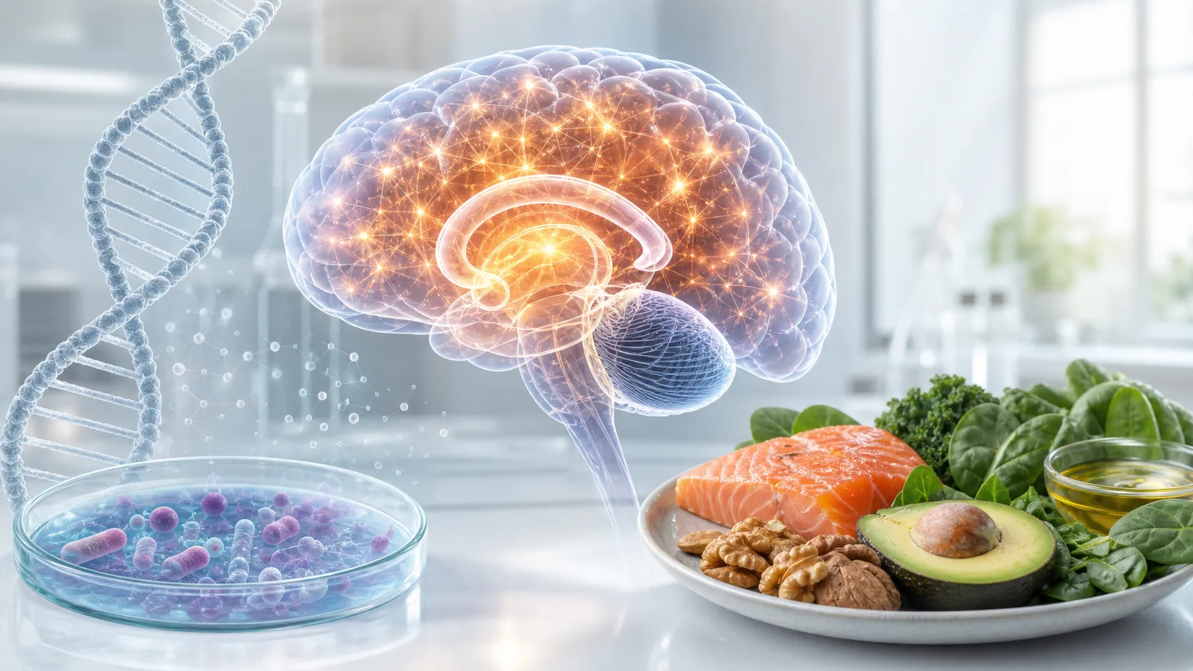 Brain scan image showing energy activity alongside a plate of keto-friendly foods including nuts and leafy greens