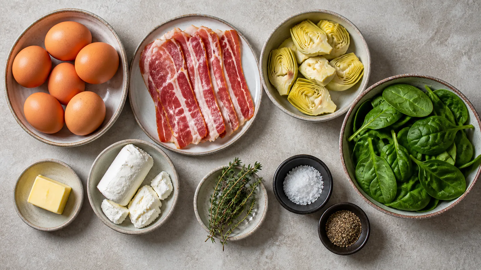 Ingredients for keto artichoke frittata with eggs, bacon, goat cheese, artichoke hearts and baby spinach