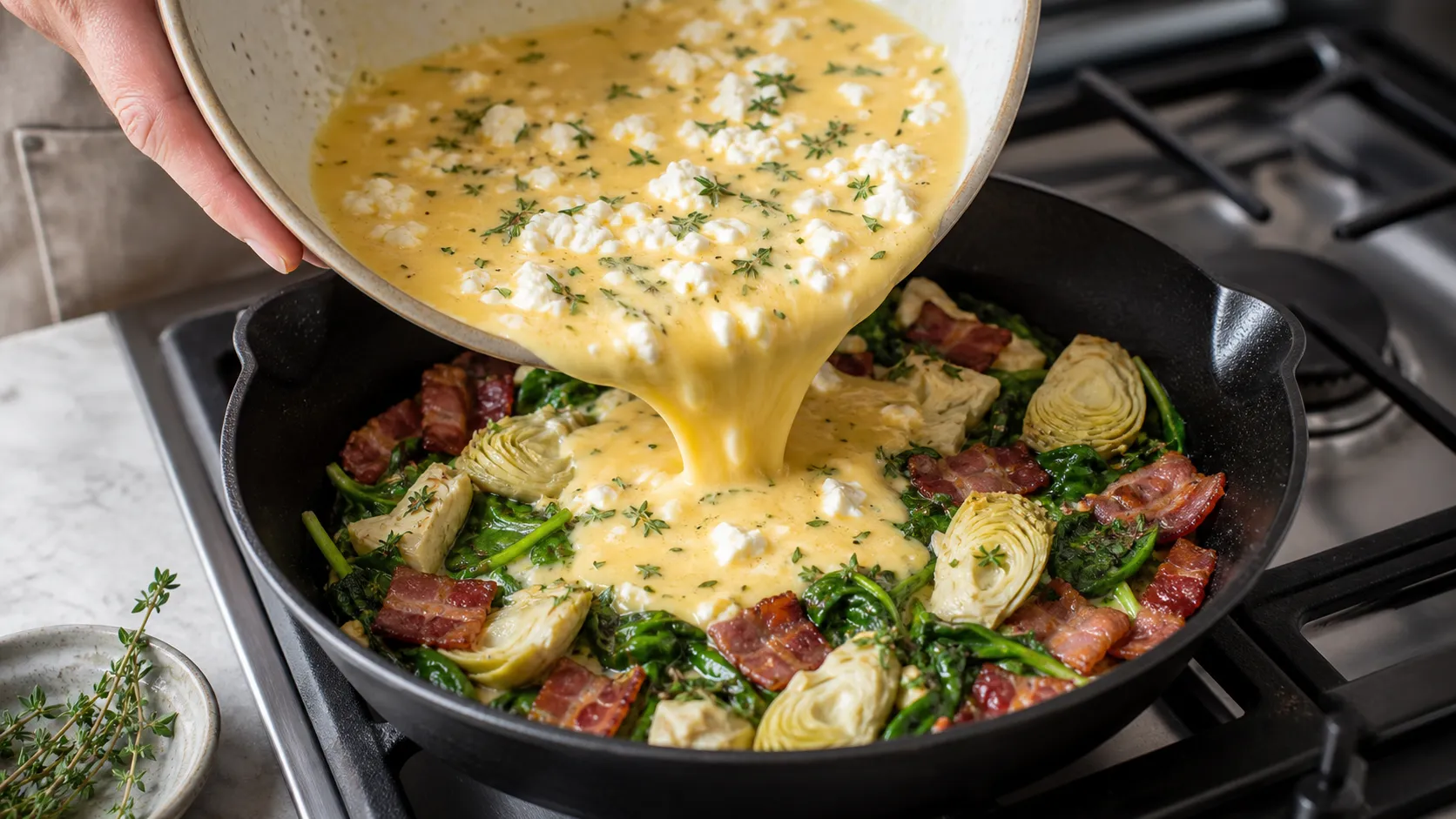 Egg and goat cheese mixture being poured over bacon, spinach and artichokes in a skillet