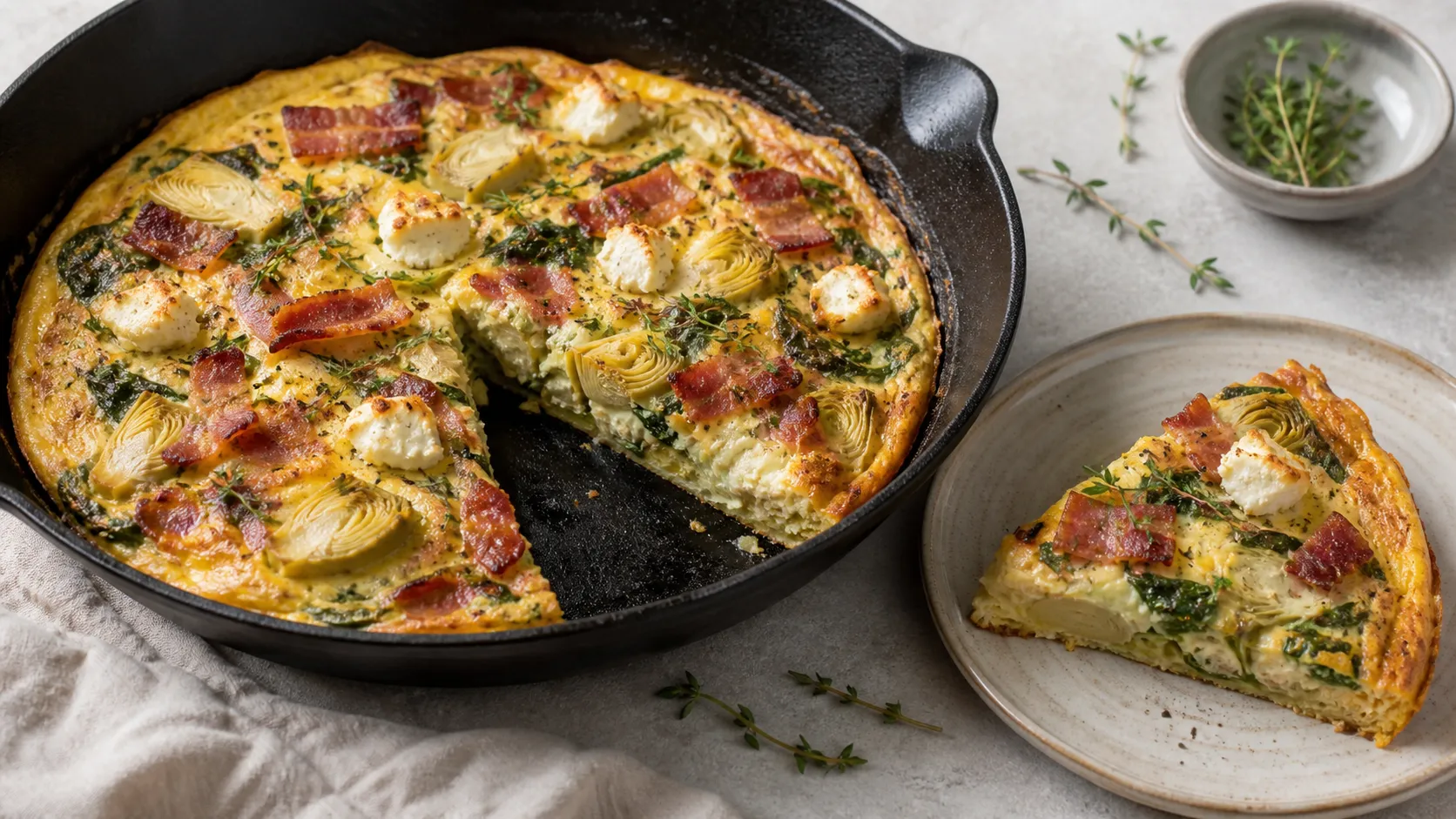 Keto artichoke frittata with goat cheese, bacon and baby spinach served in the pan