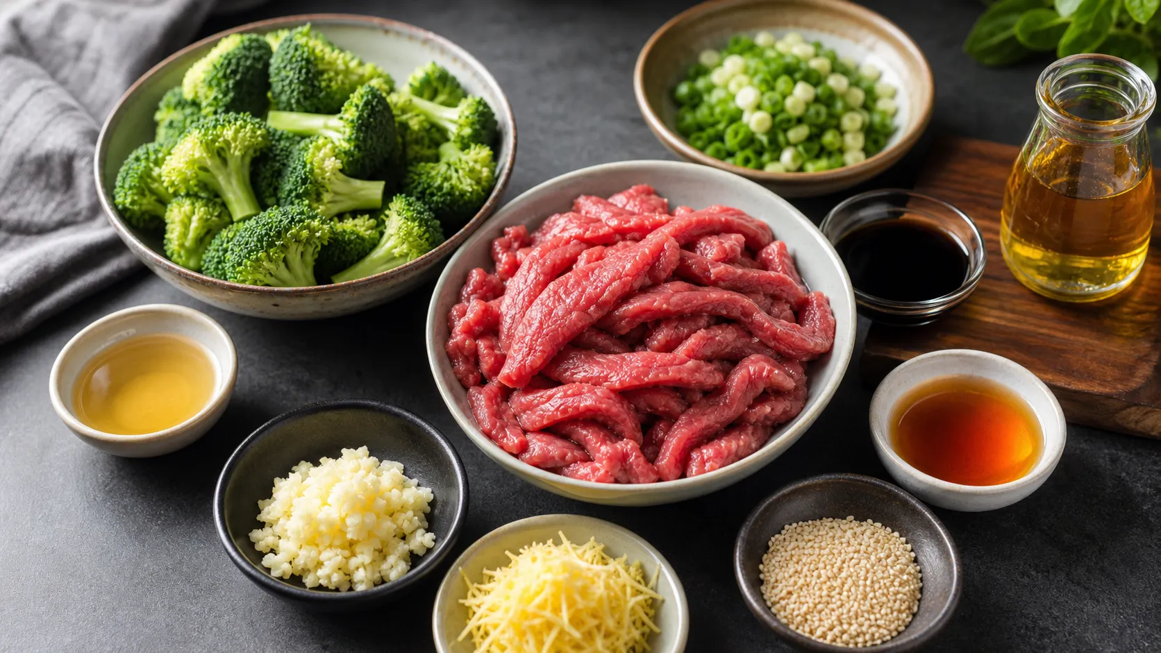 Ingredients for keto beef and broccoli wok: beef strips, broccoli, soy sauce, ginger, garlic and sesame oil