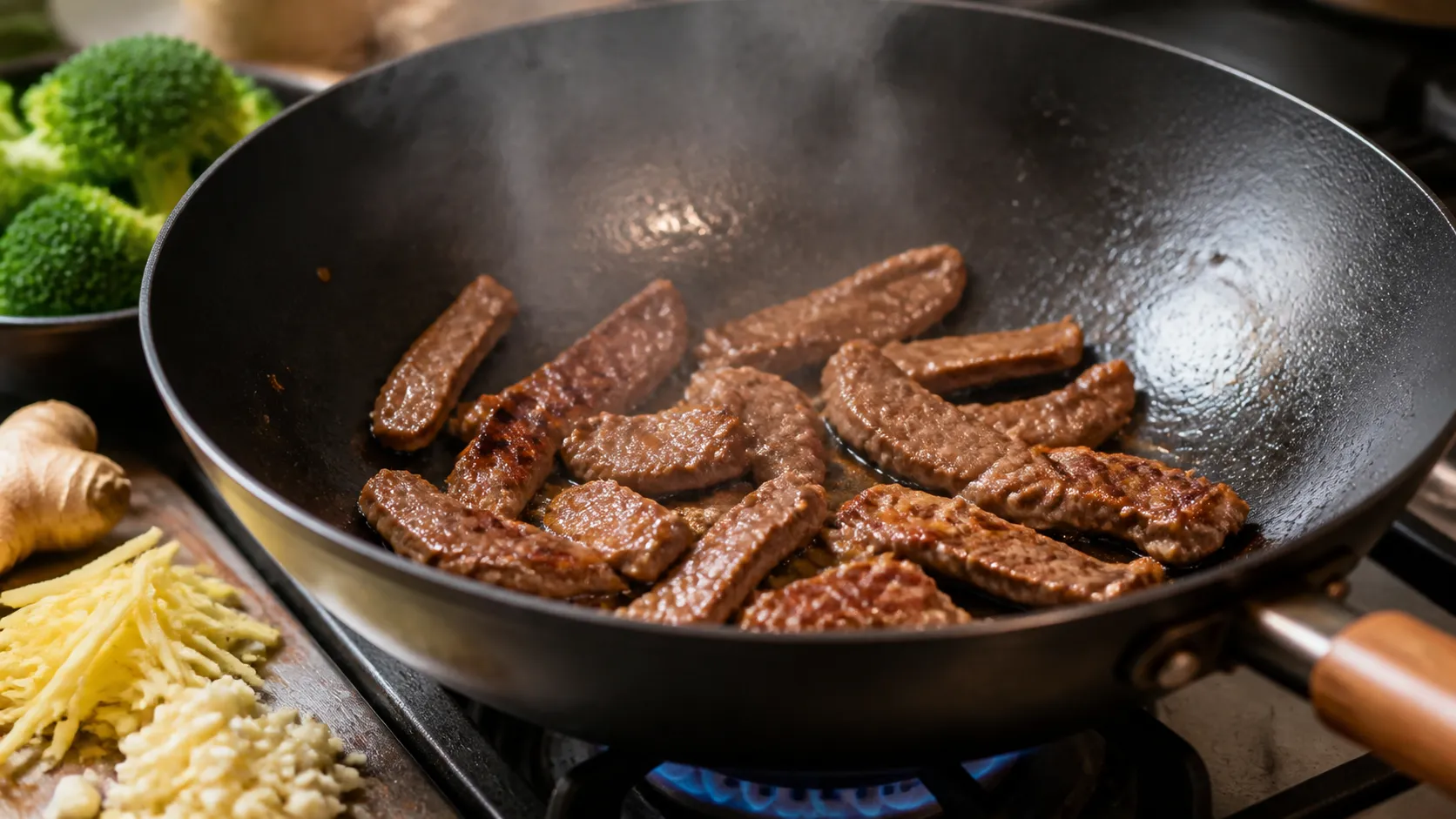 Beef strips seared in the wok over high heat