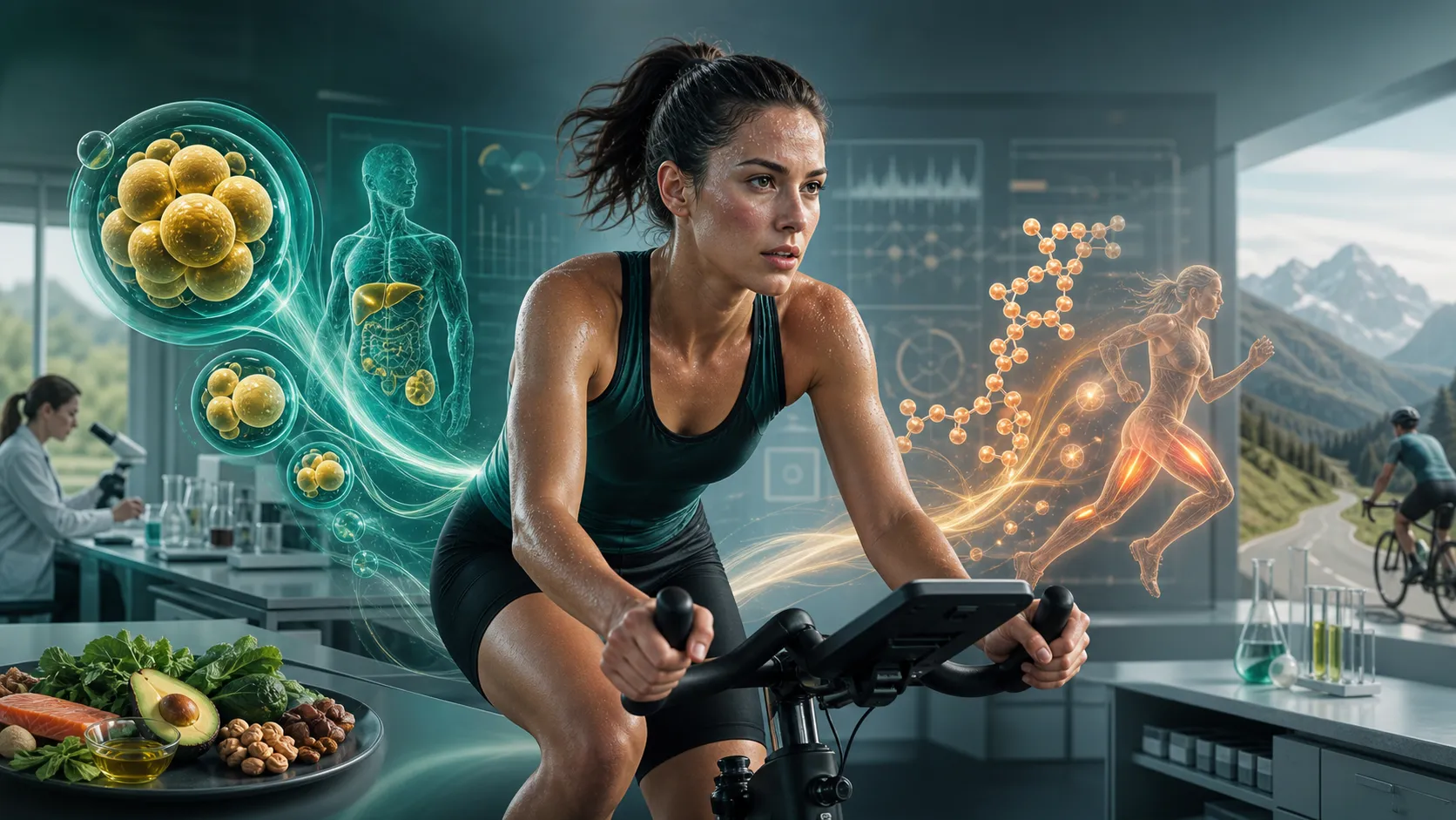 Sports science illustration of an endurance athlete with keto metabolism and energy pathways