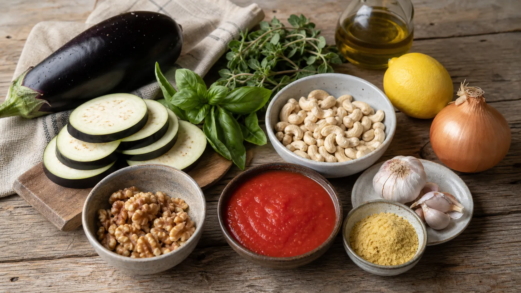 Ingredients for the keto eggplant lasagna: eggplant, walnuts, cashews, strained tomatoes, olive oil, nutritional yeast, basil, garlic and onion