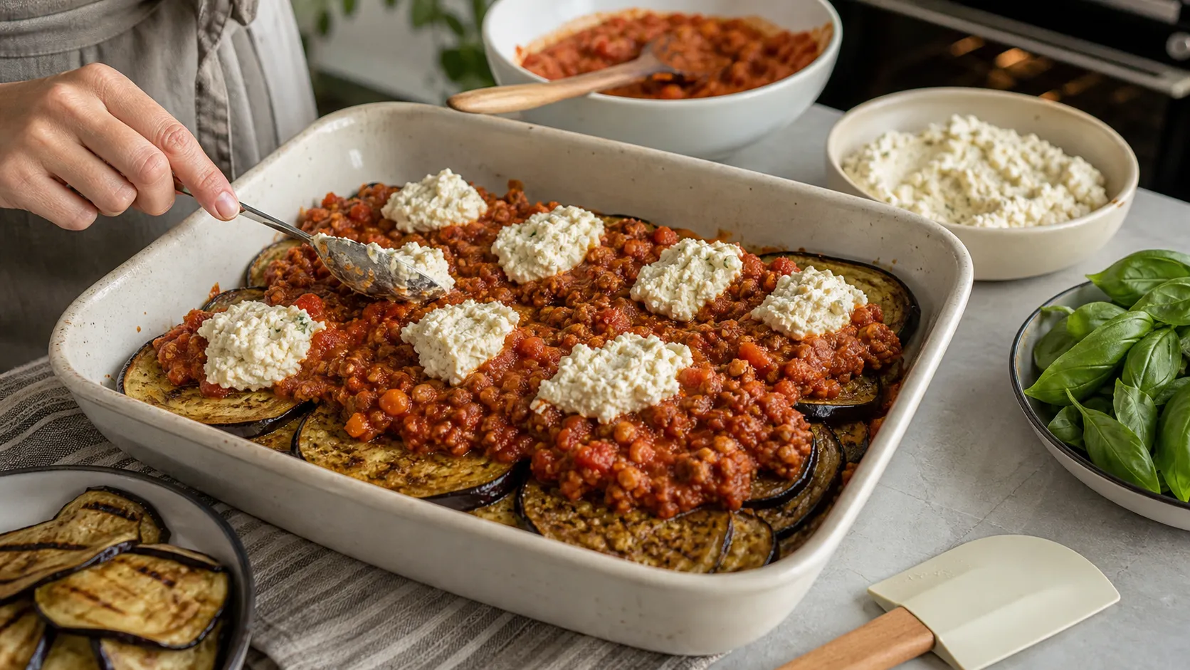 Eggplant slices being layered in a baking dish with walnut bolognese and cashew ricotta