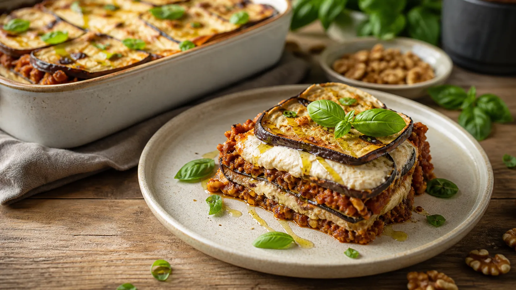 Keto eggplant lasagna with layers of golden-baked eggplant slices, hearty walnut bolognese and creamy cashew ricotta